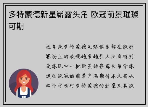 多特蒙德新星崭露头角 欧冠前景璀璨可期