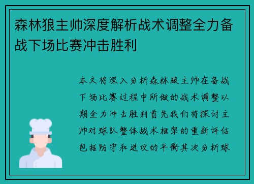 森林狼主帅深度解析战术调整全力备战下场比赛冲击胜利
