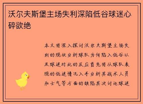 沃尔夫斯堡主场失利深陷低谷球迷心碎欲绝