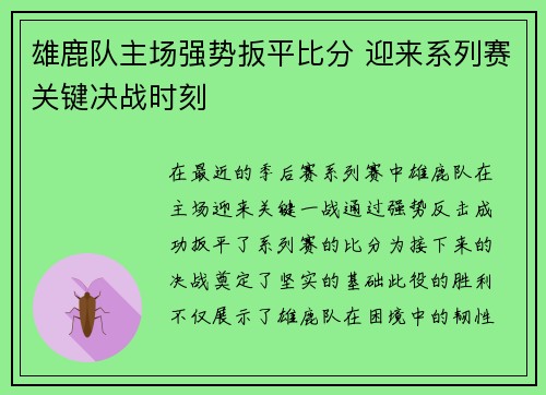 雄鹿队主场强势扳平比分 迎来系列赛关键决战时刻