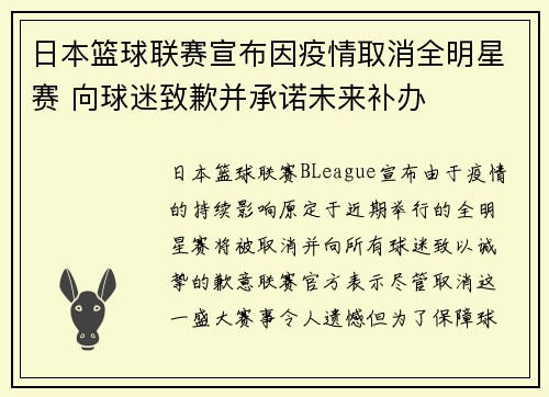 日本篮球联赛宣布因疫情取消全明星赛 向球迷致歉并承诺未来补办