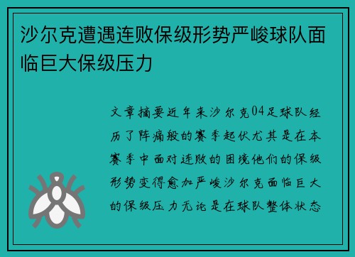 沙尔克遭遇连败保级形势严峻球队面临巨大保级压力