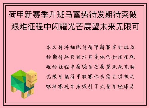 荷甲新赛季升班马蓄势待发期待突破 艰难征程中闪耀光芒展望未来无限可能