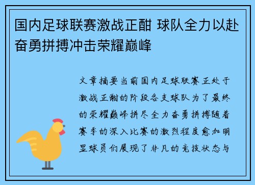 国内足球联赛激战正酣 球队全力以赴奋勇拼搏冲击荣耀巅峰