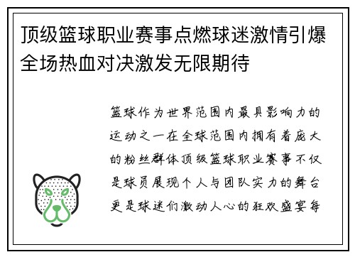 顶级篮球职业赛事点燃球迷激情引爆全场热血对决激发无限期待