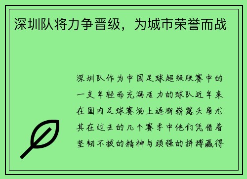 深圳队将力争晋级，为城市荣誉而战