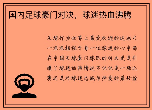 国内足球豪门对决，球迷热血沸腾