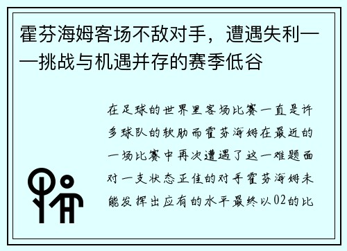 霍芬海姆客场不敌对手，遭遇失利——挑战与机遇并存的赛季低谷