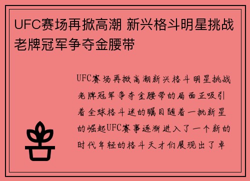 UFC赛场再掀高潮 新兴格斗明星挑战老牌冠军争夺金腰带